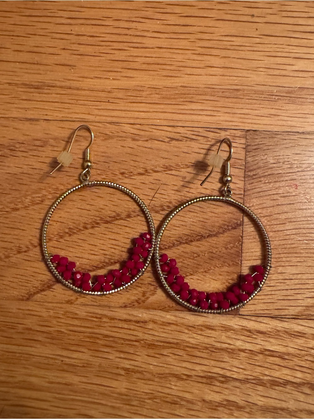 Gold Hoop Earrings with Fuchsia Bead Accent - Women Jewelry